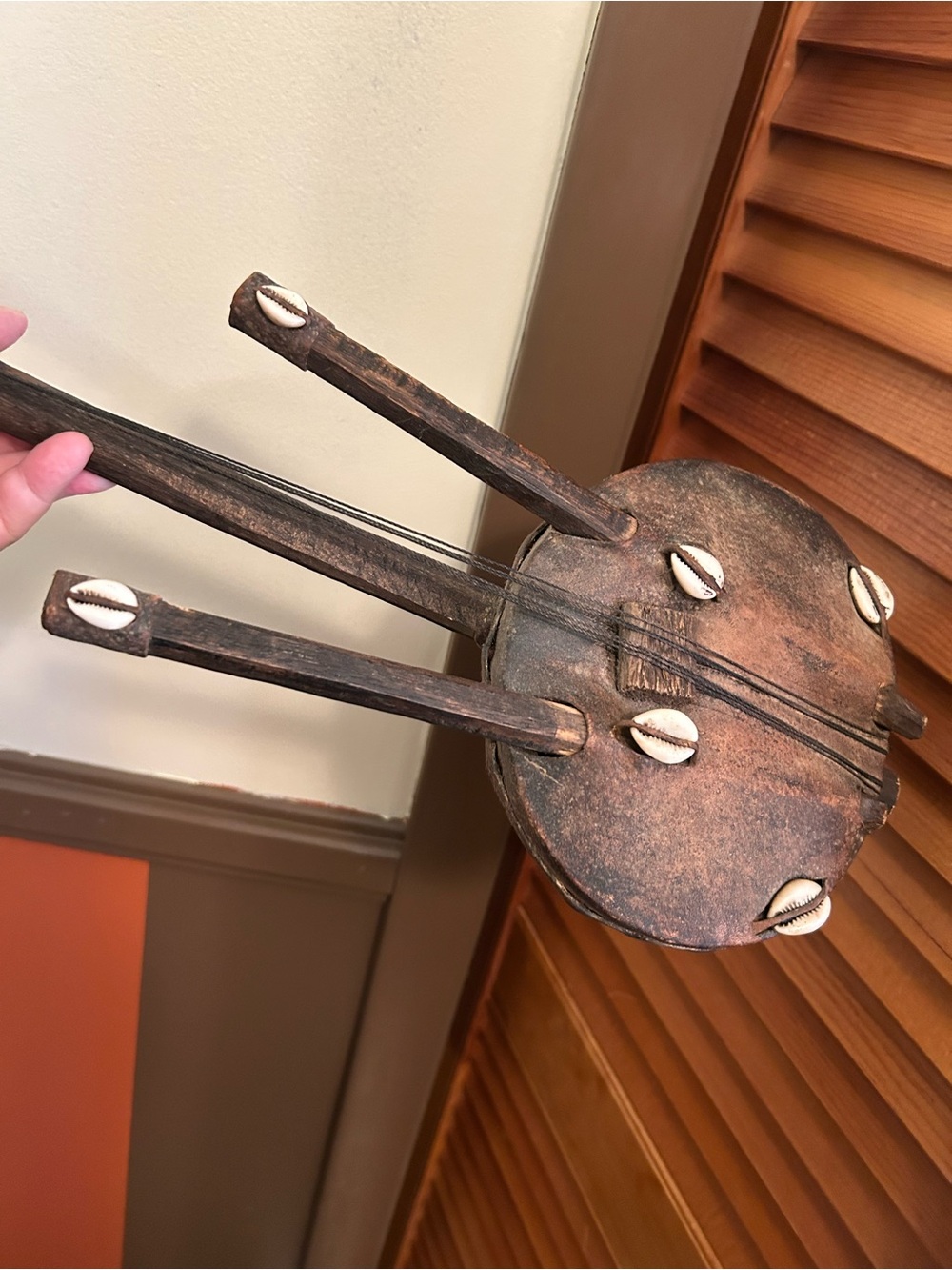Handmade Rustic African-Style String Instrument with Cowrie Shells
